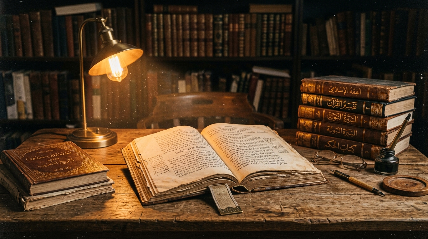 Old Islamic books on a weathered desk under warm lamp light with dust in the air